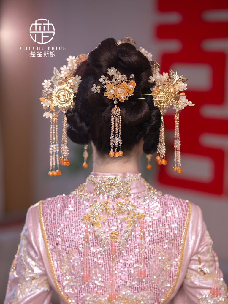 Golden Bloom Radiance - Minimalist Gold Bridal Phoenix Crown for Hanfu Wedding Outfit