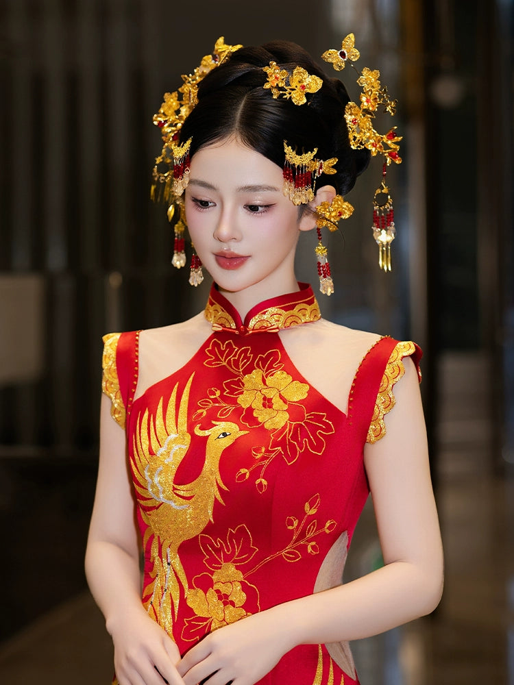 Red and Gold Floral Bridal Hair Accessories Handmade Butterfly and Dragonfly Hairpins for Chinese Wedding Xiuhe Dress