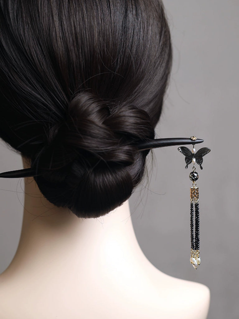 Ink-Stained Pearl Tassel Natural Mother-of-Pearl Long Tassel Ebony Hair Stick