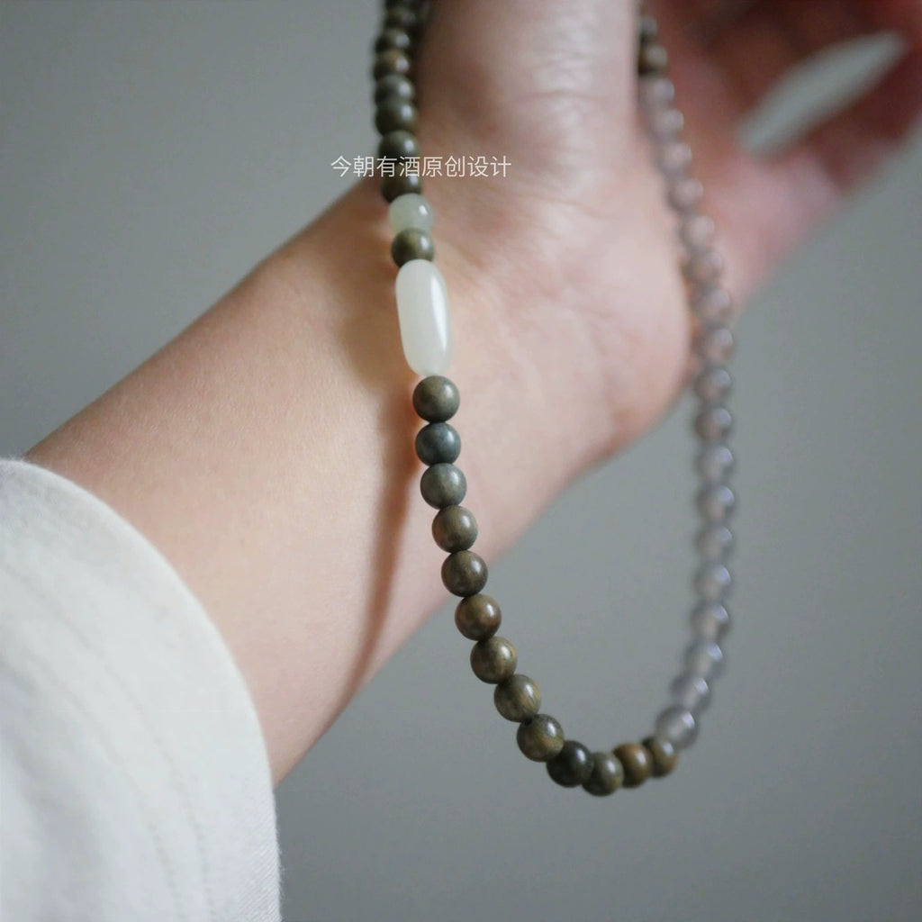 Turning Snow in Search of Spring Green Sandalwood Bracelet Buddha Beads & Hetian Jade