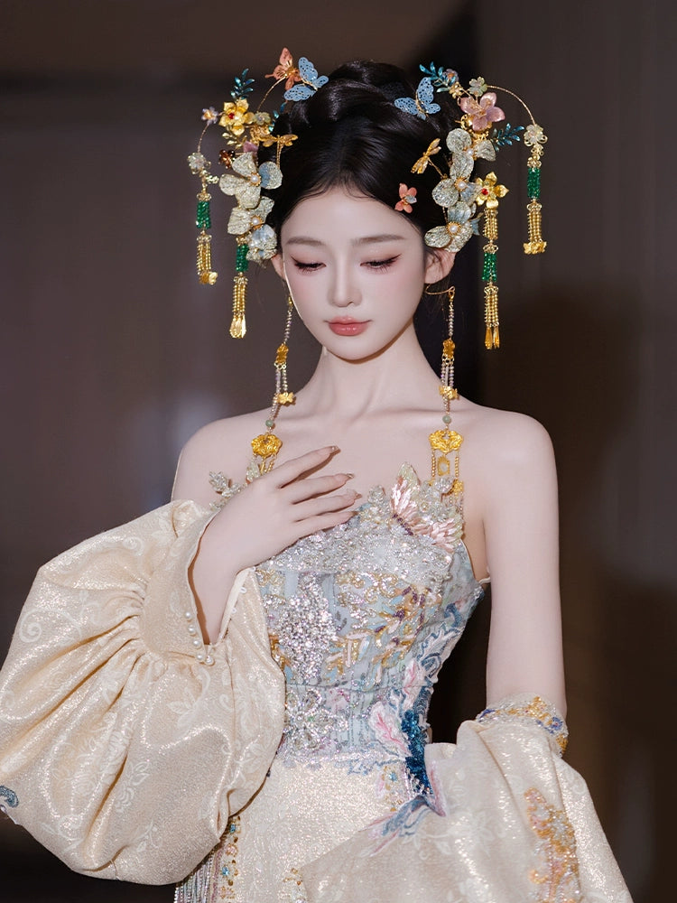 Light Blue Butterfly Bridal Hairpin Crystal Tassel Chinese Wedding Headpiece