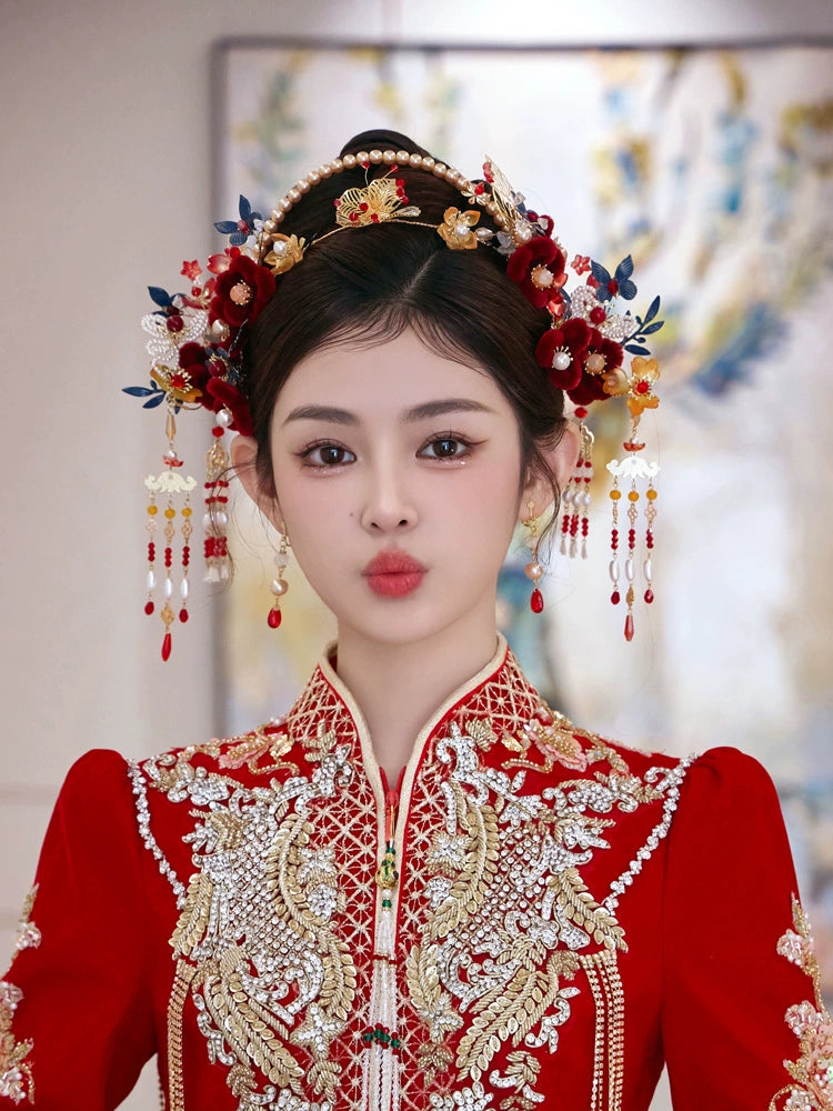 Red Velvet Bridal Hairband with Tassel Hairpin Classical Chinese Wedding Accessories for Xiuhe and Hanfu Updos