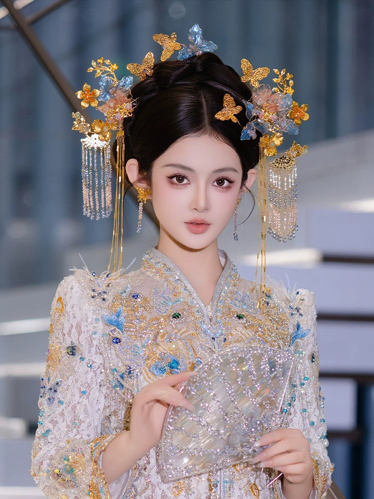 Blue and Gold Floral Tassel Bridal Hairpin Fairy-Style Chinese Wedding Accessories