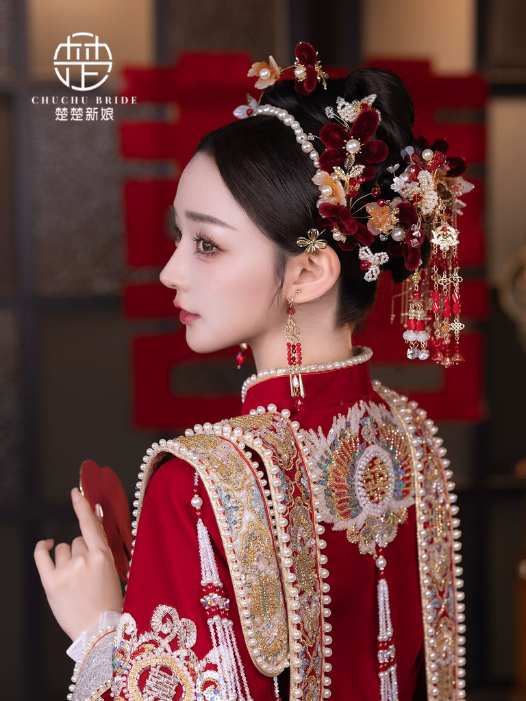 Pearl Halo - Classic Hanfu Bridal Crown with Red Velvet Flowers & Tassel Hairpin Wedding Headpiece