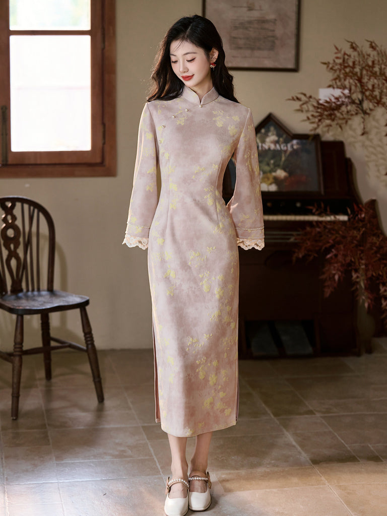 Long Sleeve Lace Trim Long Cheongsam