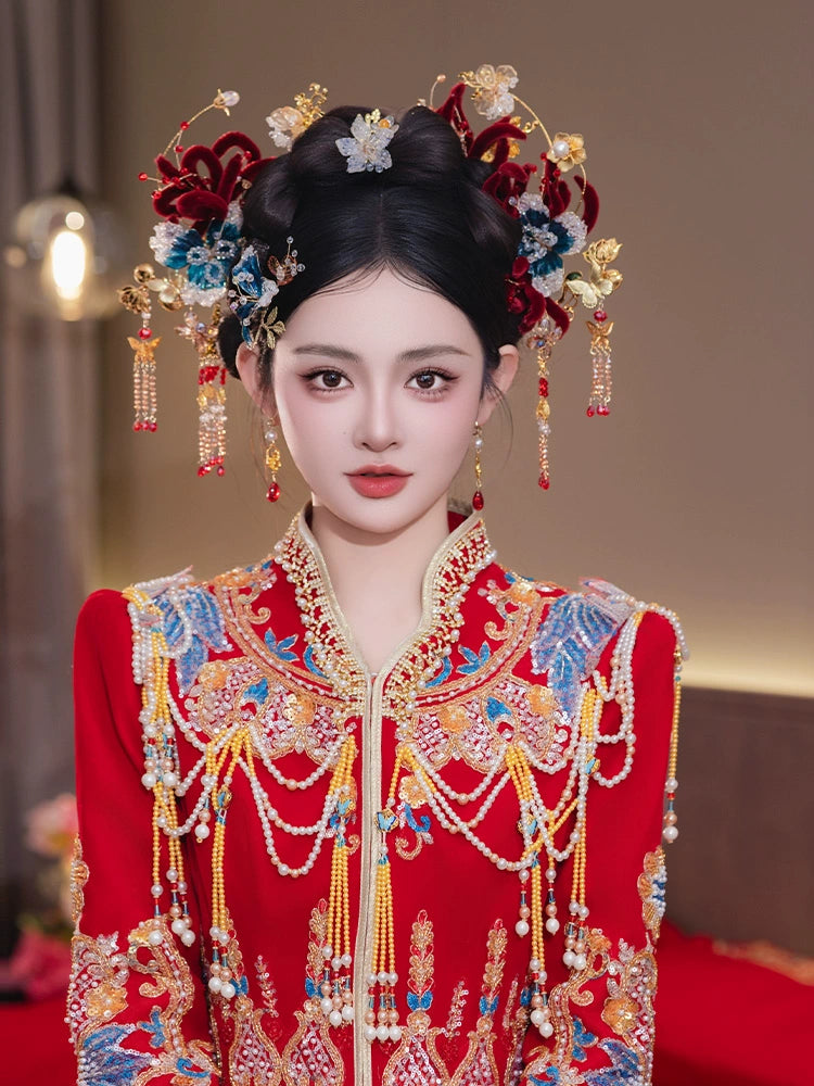 Red Velvet Bridal Hairband with Tassel Hairpin Classical Chinese Wedding Hair Accessories for Hanfu and Xiuhe Bride