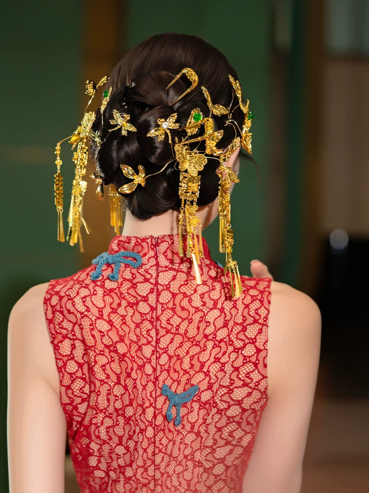 Chinese Wedding Hair Accessory Set Golden Butterfly and Double Happiness Tassel Hairpins for Xiuhe and Qipao Bride