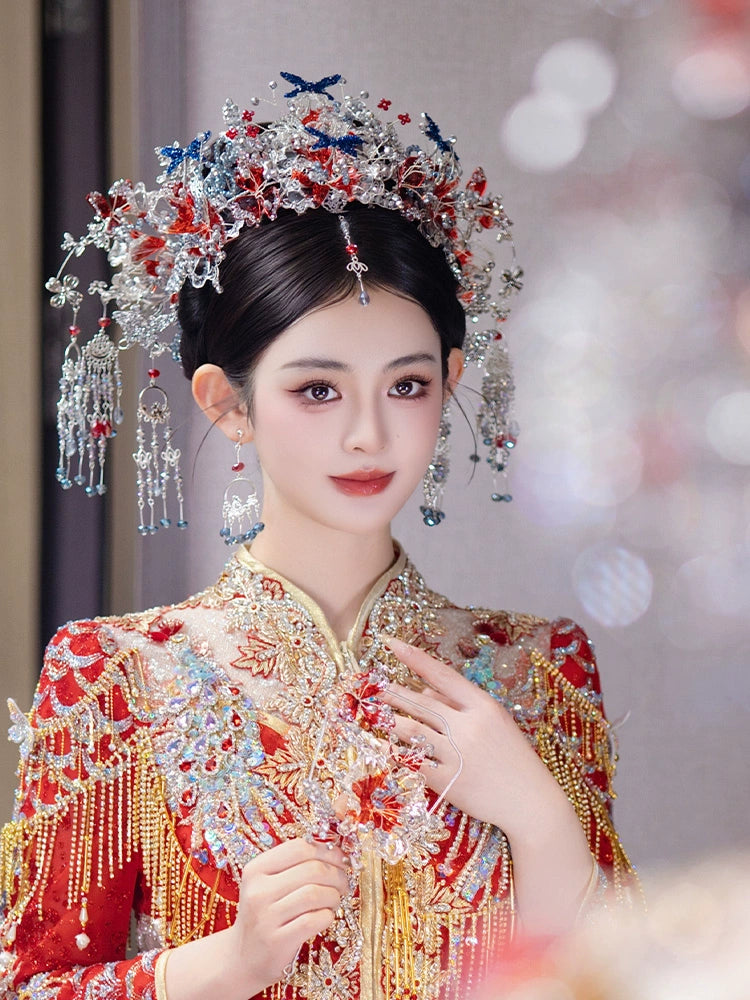 Silver Blue Forehead Pendant Bridal Hair Accessories Noble Chinese Wedding Headpiece for Hanfu