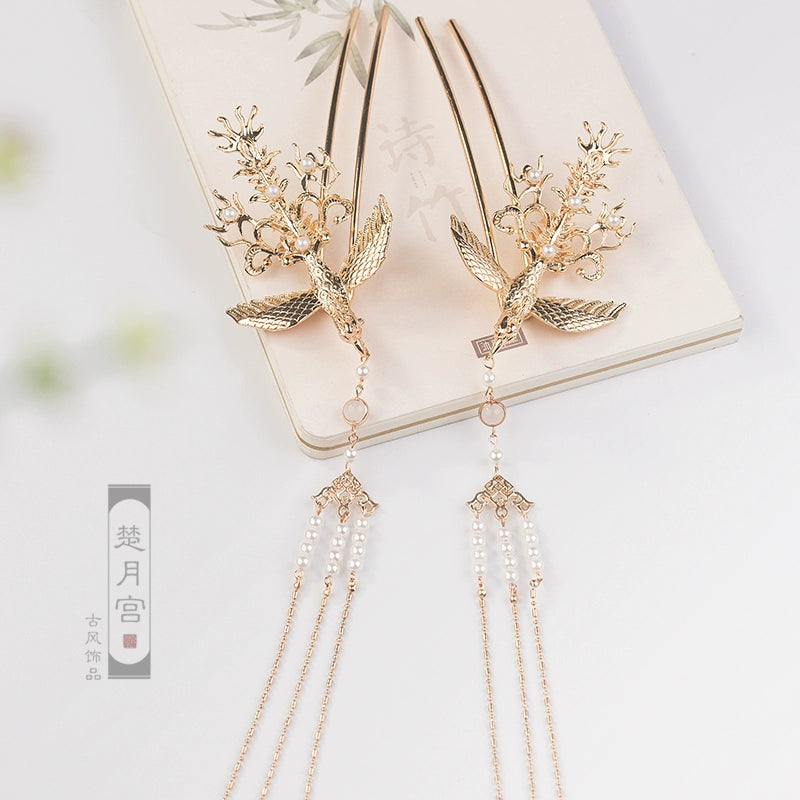 Long Tassels Hair Pin: Golden Phoenix