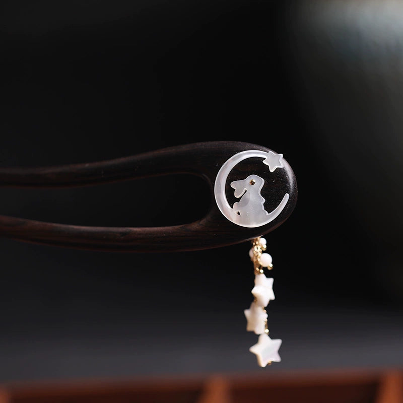 Moon Palace Jade Rabbit Vintage U-Shaped Ebony Hair Stick for Hanfu