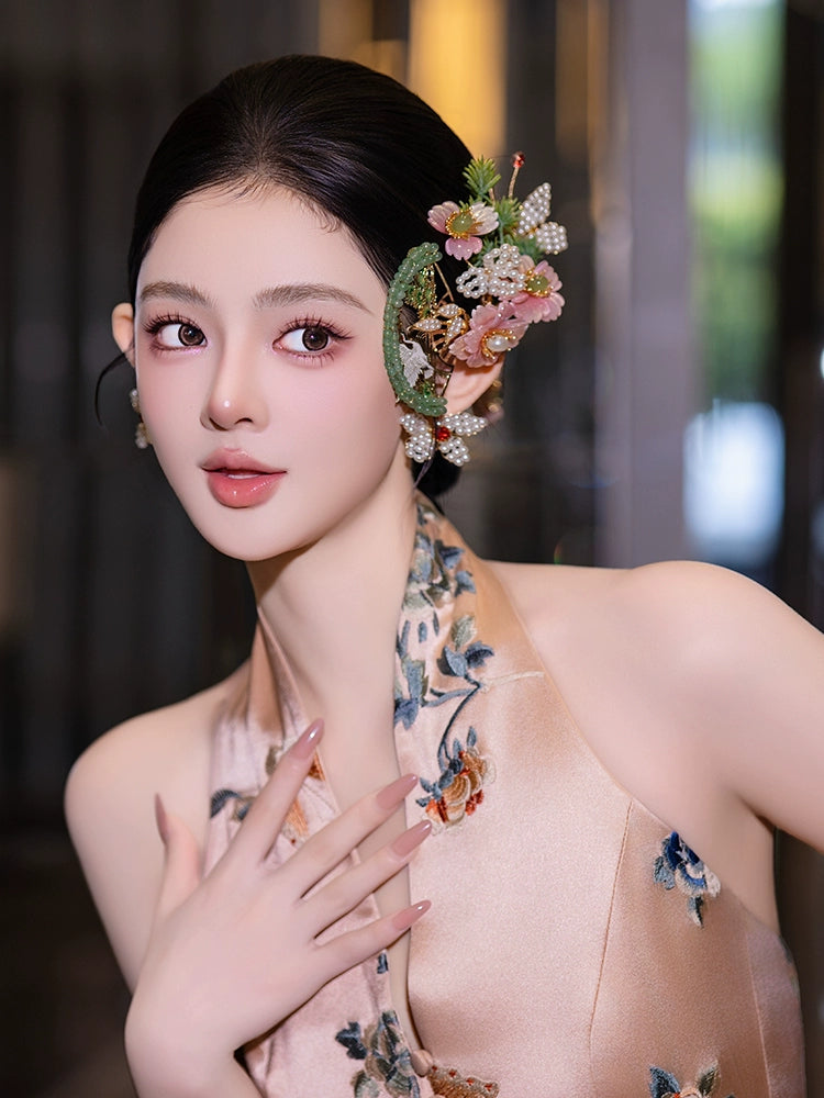 Romantic Pink Floral Bridal Hair Accessories Fairy-Style Chinese Wedding Headpiece for Xiuhe and Cheongsam Bride
