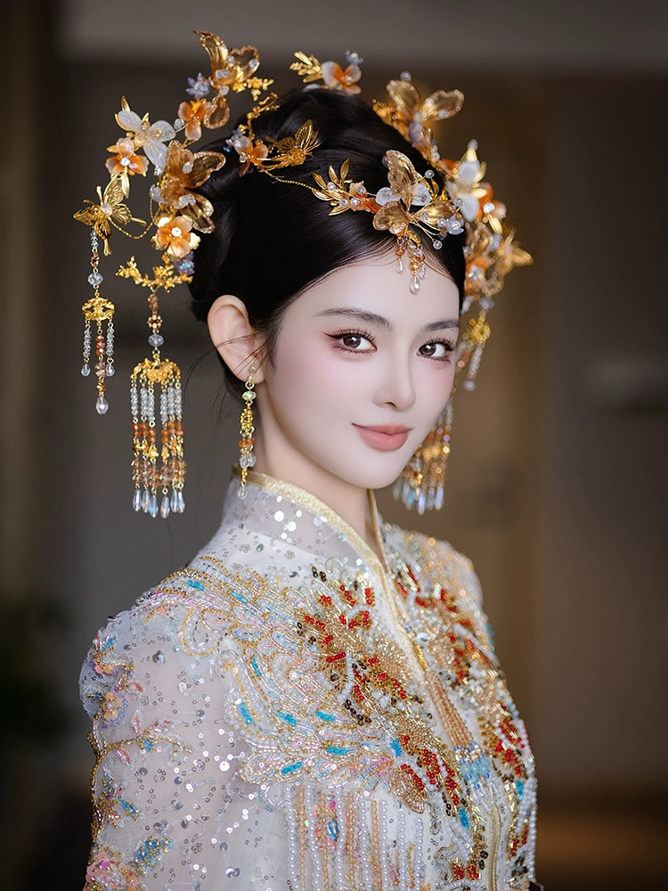 Champagne Floral Tassel Bridal Hairpin Elegant Glass Chinese Wedding Hair Accessories