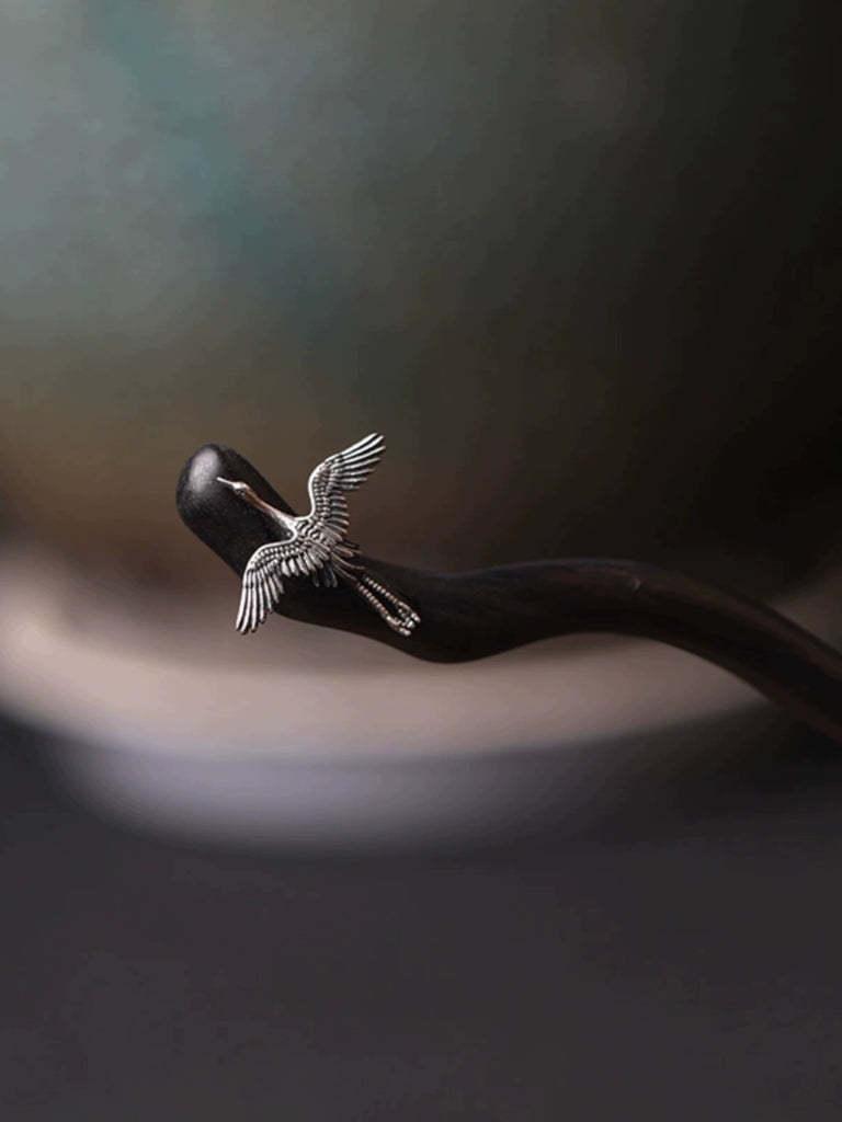 Soaring Crane Vintage Sterling Silver Wooden Hair Stick
