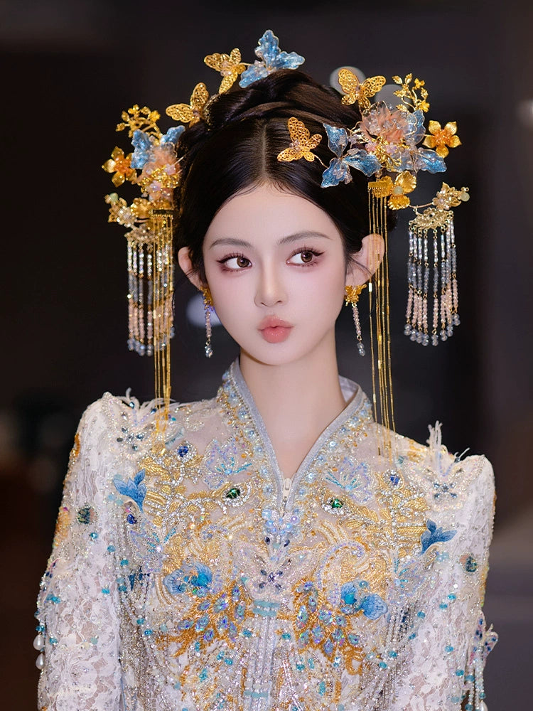 Blue and Gold Floral Tassel Bridal Hairpin Fairy-Style Chinese Wedding Accessories