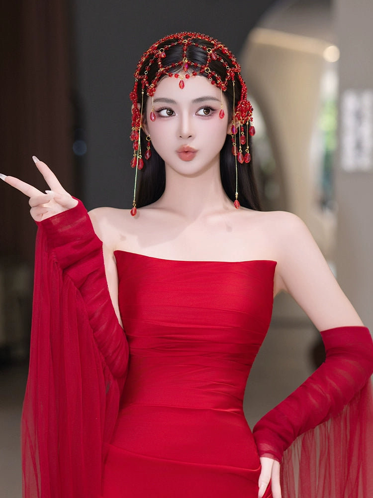 Exotic Dunhuang Bridal Hair Accessories Set Tassel Forehead Pendant Wedding Headpiece