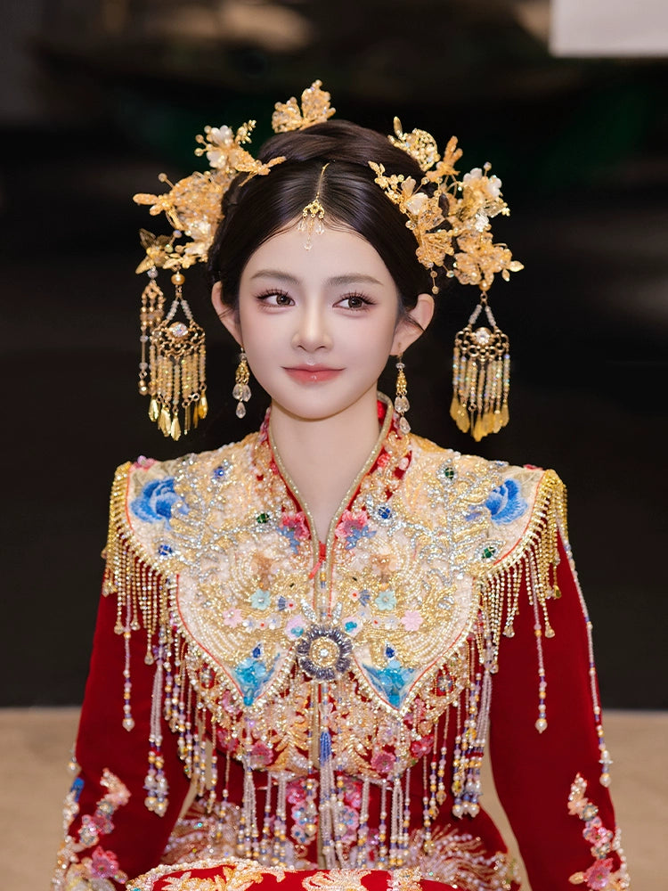 Champagne Bridal Hair Accessories Elegant Chinese Wedding Headpiece with Tassels and Forehead Pendant for Xiuhe and Hanfu