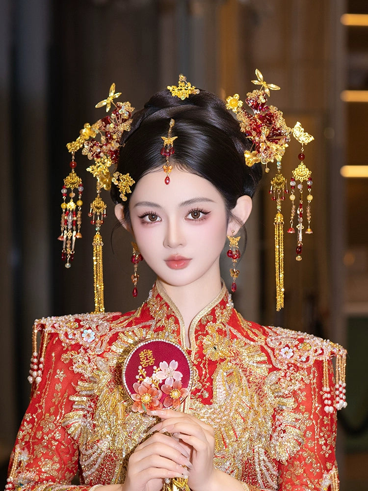 Golden Phoenix Bridal Hairpin with Forehead Pendant Chinese Wedding Headpiece