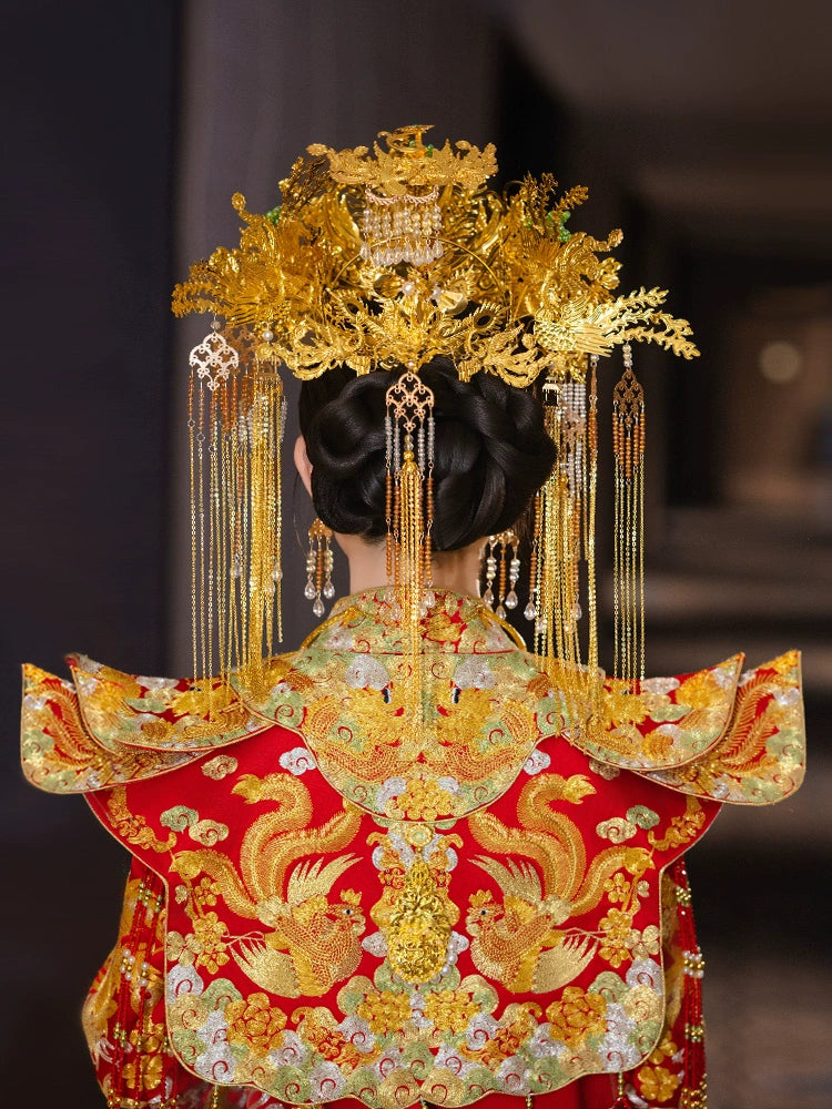 Gold Phoenix Crown Bridal Headpiece Chinese Wedding Hair Accessories with Forehead Pendant