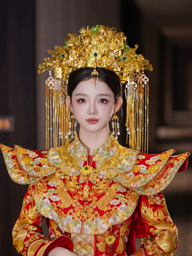 Gold Phoenix Crown Bridal Headpiece Chinese Wedding Hair Accessories with Forehead Pendant
