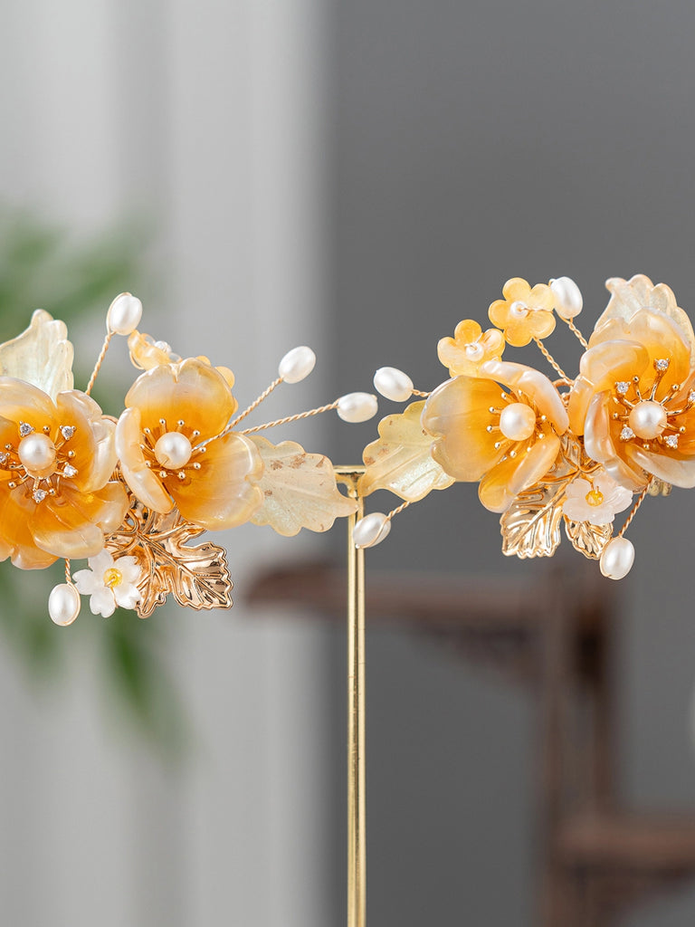 Amber Glow of Autumn - Hanfu Hair Stick & Accessories Set, Classical Chinese Hair Ornaments