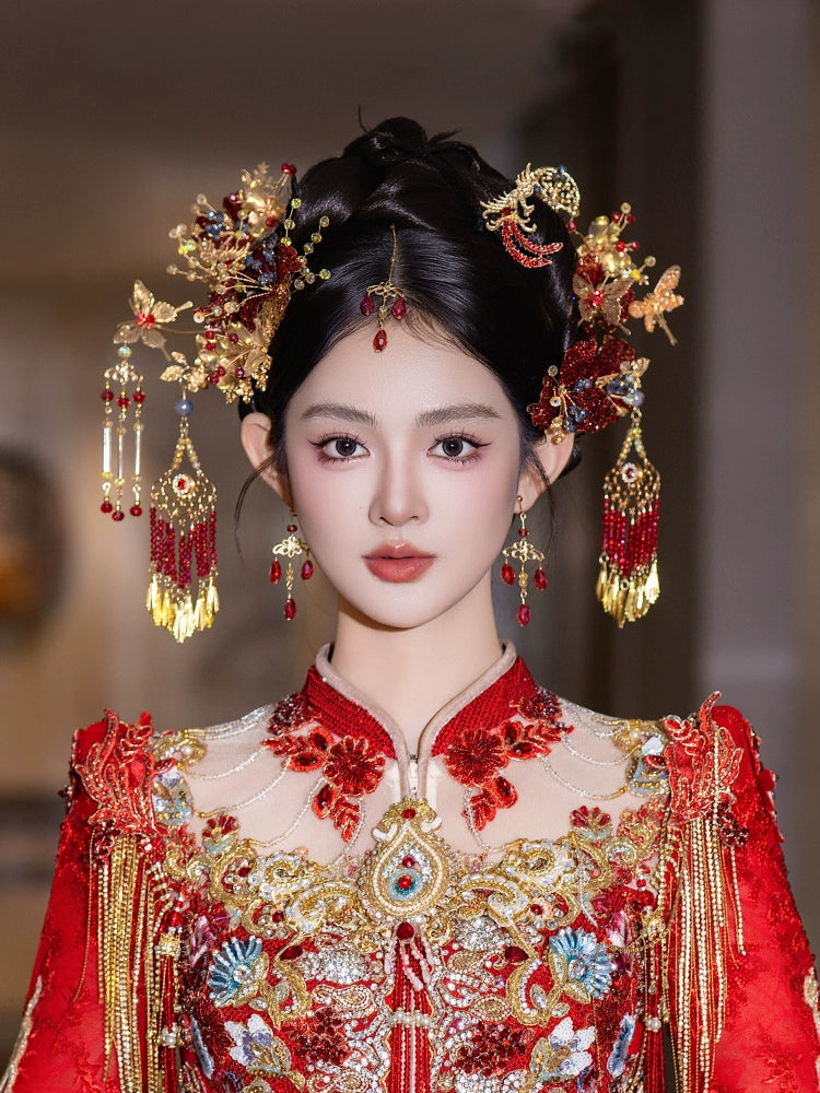 Vintage Red Forehead Pendant Hairpin New Chinese Bridal Hair Accessories for Xiuhe and Wedding Updos