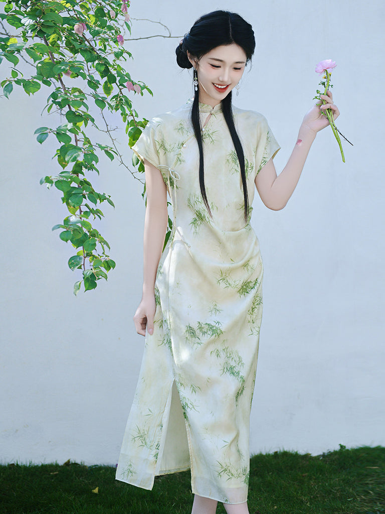 green bamboo dress Short Sleeve Modern Midi Cheongsam Lolita