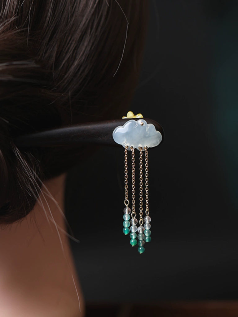 Green Jade Scroll Wooden Hair Stick