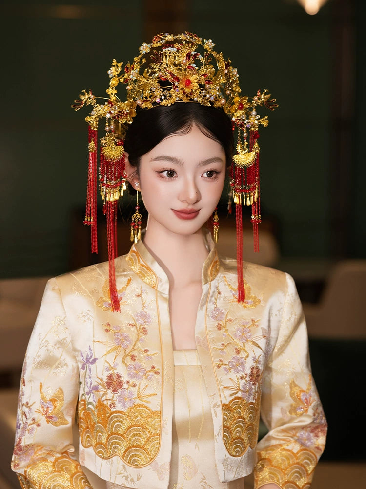 Luxury Phoenix Crown Bridal Headpiece Red Tassel and Gold Flower Chinese Wedding Hair Accessories for Xiuhe Dress