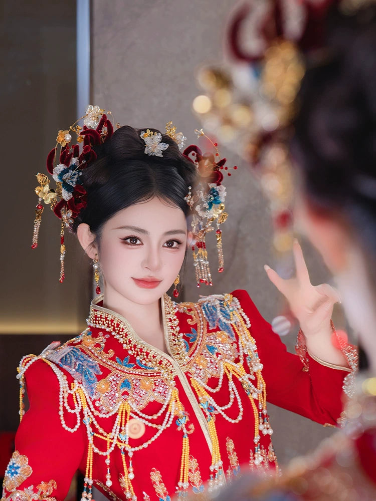 Red Velvet Bridal Hairband with Tassel Hairpin Classical Chinese Wedding Hair Accessories for Hanfu and Xiuhe Bride