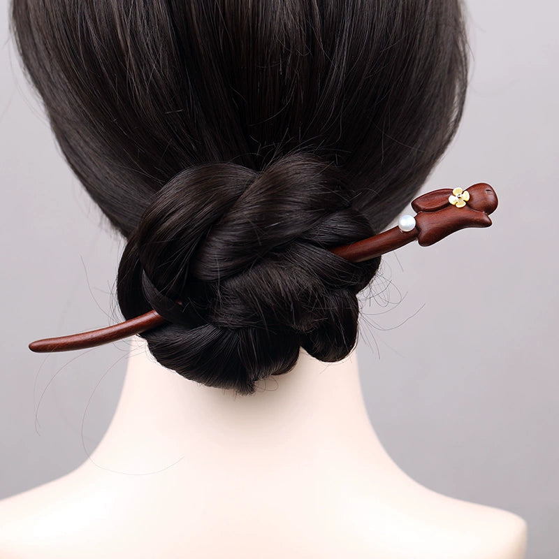 Osmanthus Rabbit Golden Ebony Hair Stick with Pearl Flowers